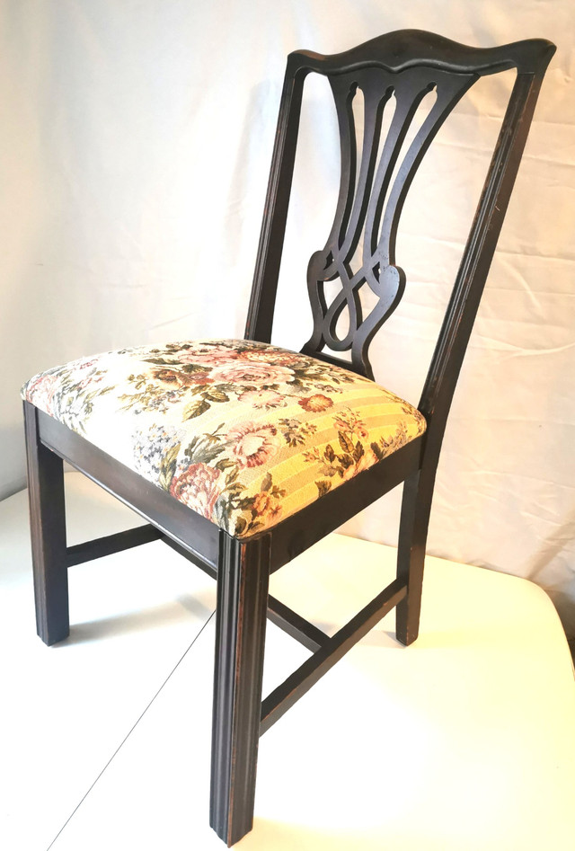 Vintage Hardwood Dining Chair with Floral Upholstered Seat