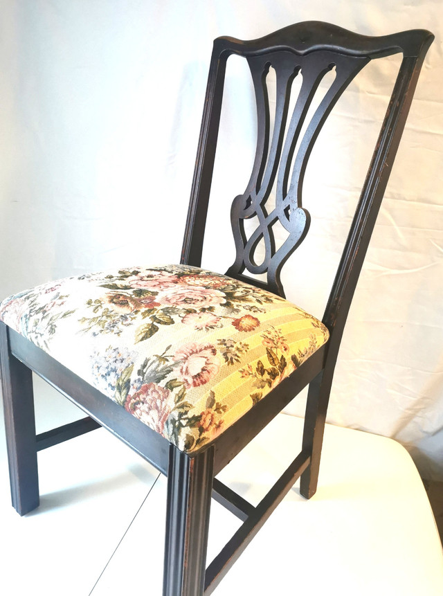 Vintage Hardwood Dining Chair with Floral Upholstered Seat - photo 2