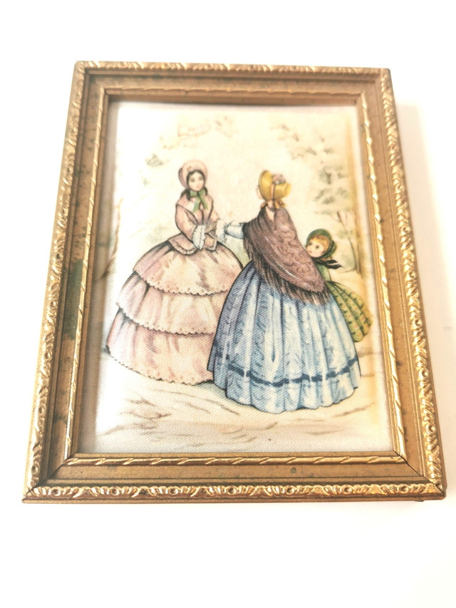 Vintage Framed Miniature Print/Textile Victorian Ladies & Child