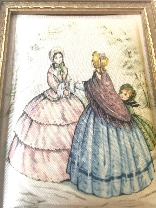 Vintage Framed Miniature Print/Textile Victorian Ladies & Child - photo 2
