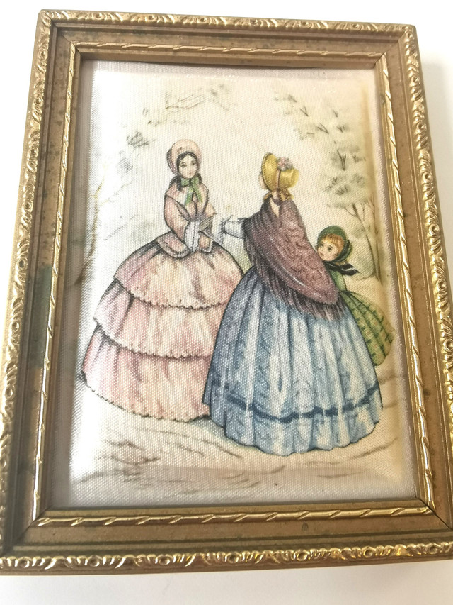 Vintage Framed Miniature Print/Textile Victorian Ladies & Child - photo 5