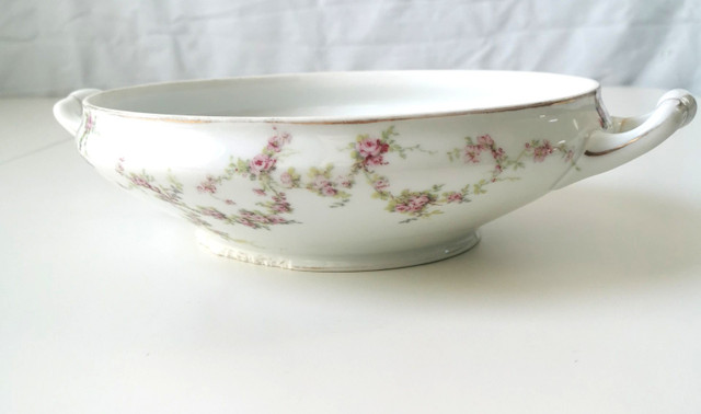 Antique Silesia Handled Oval Serving Bowl Pink Roses Germany