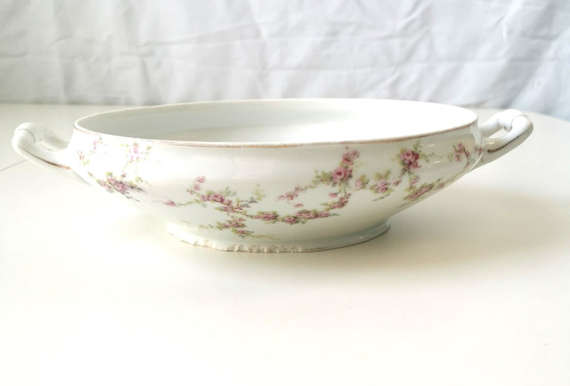 Antique Silesia Handled Oval Serving Bowl Pink Roses Germany - photo 2