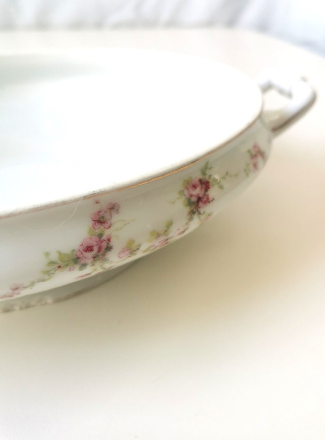Antique Silesia Handled Oval Serving Bowl Pink Roses Germany - photo 5