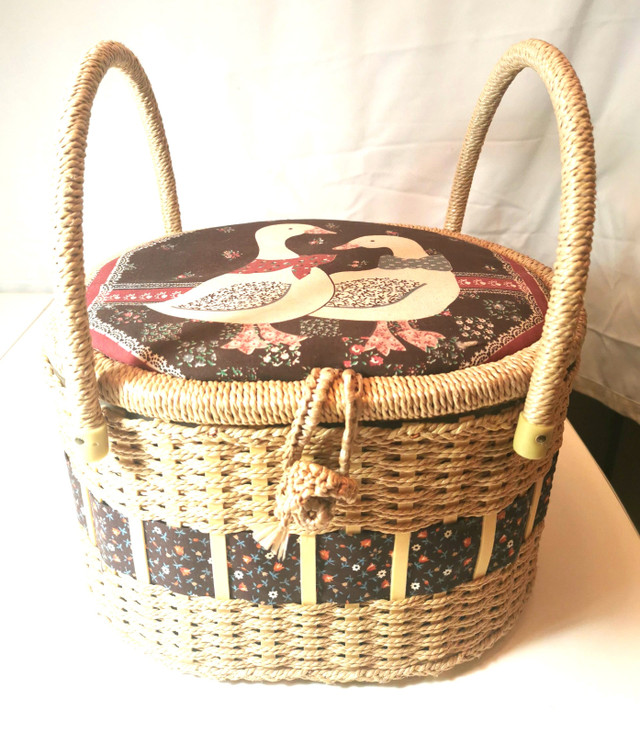 Sewing Basket Rattan Vintage Satin Liner Ducks Large
