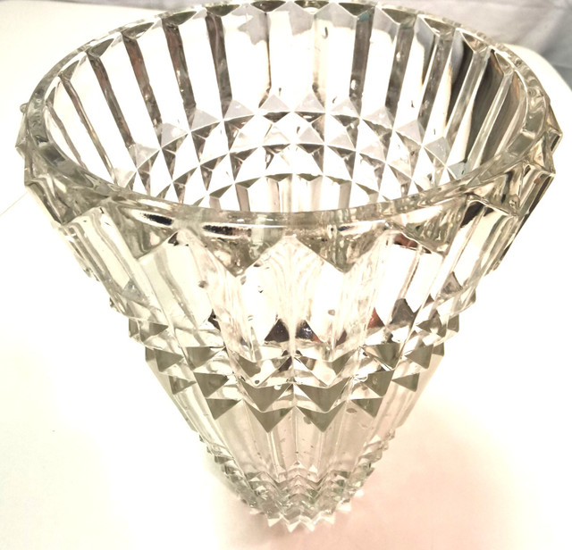 Vase Ribbed & Diamond Cut Pattern Vintage Pressed Glass Art Deco