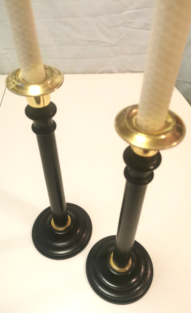 Black Turned Wood & Brass Candlestick Holders C. 1950s England