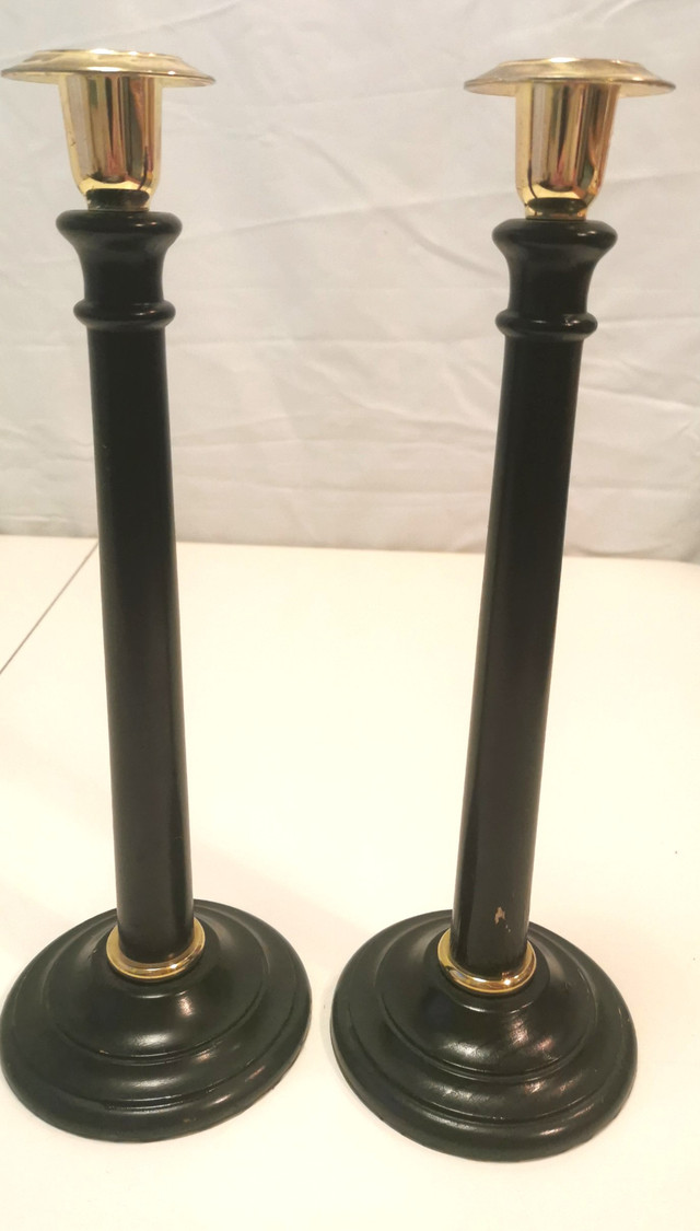 Black Turned Wood & Brass Candlestick Holders C. 1950s England - photo 2