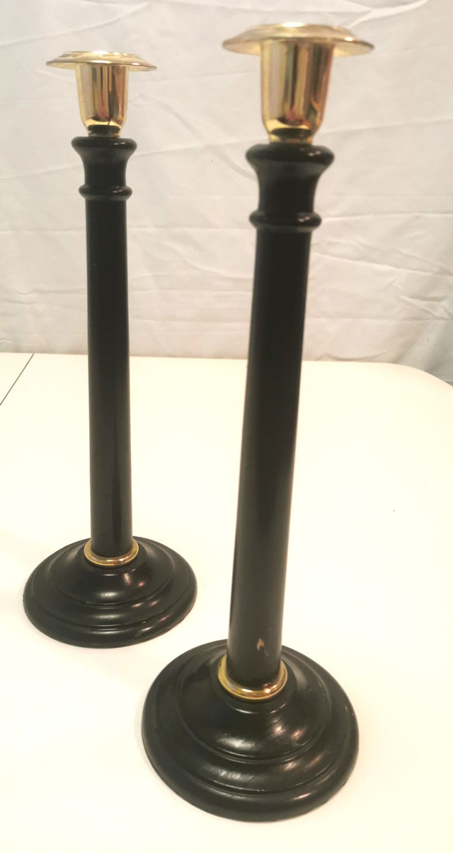 Black Turned Wood & Brass Candlestick Holders C. 1950s England - photo 3