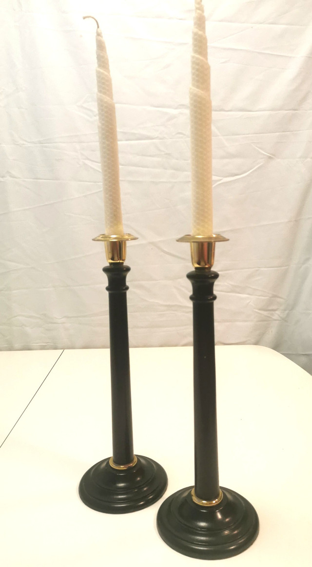 Black Turned Wood & Brass Candlestick Holders C. 1950s England - photo 5