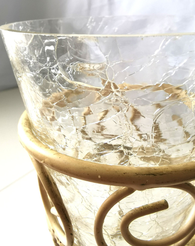Crackle Glass Vase in a Metal Frame Vintage