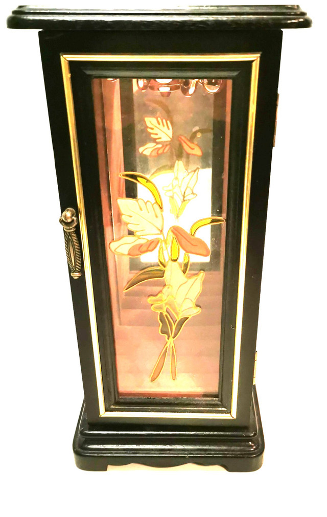70s Mele & Company Tall Jewelry Box Black Floral Etched Japan
