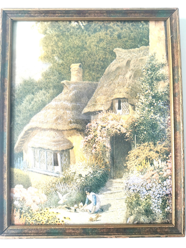 In The Hills of Devon Thatched Cottage Woman Feeding Ducks Vint.