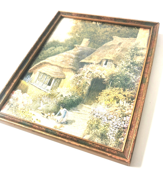 In The Hills of Devon Thatched Cottage Woman Feeding Ducks Vint. - photo 2