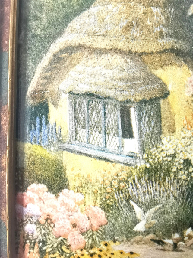 In The Hills of Devon Thatched Cottage Woman Feeding Ducks Vint. - photo 3