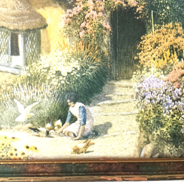In The Hills of Devon Thatched Cottage Woman Feeding Ducks Vint. - photo 4