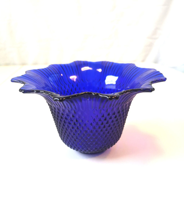 Cobalt Blue Diamond Ruffled Art Glass Bowl Fenton Style 60s