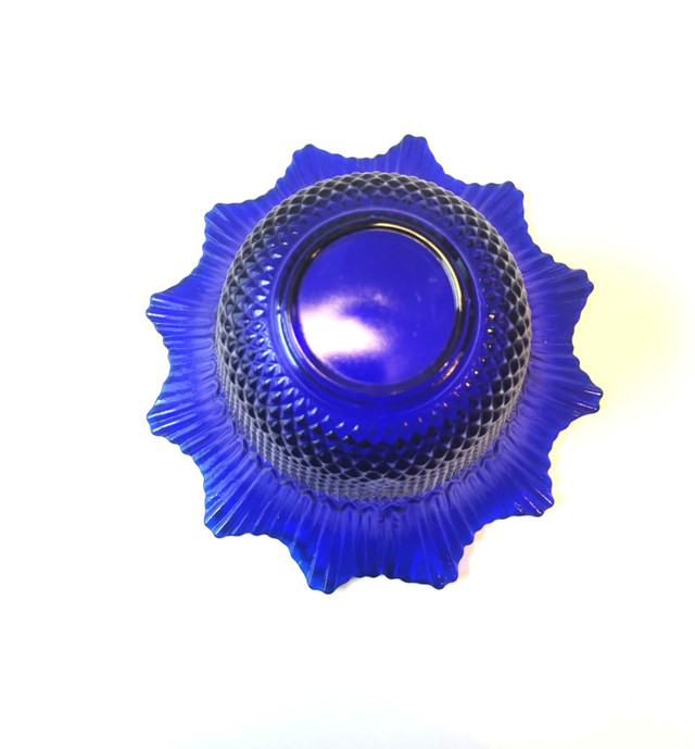 Cobalt Blue Diamond Ruffled Art Glass Bowl Fenton Style 60s - photo 5
