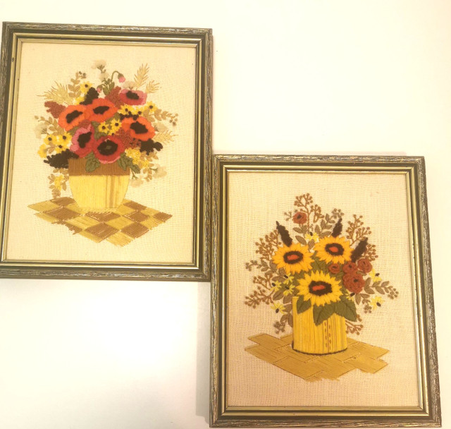 Vintage Floral Crewel Pictures in Wooden Frames