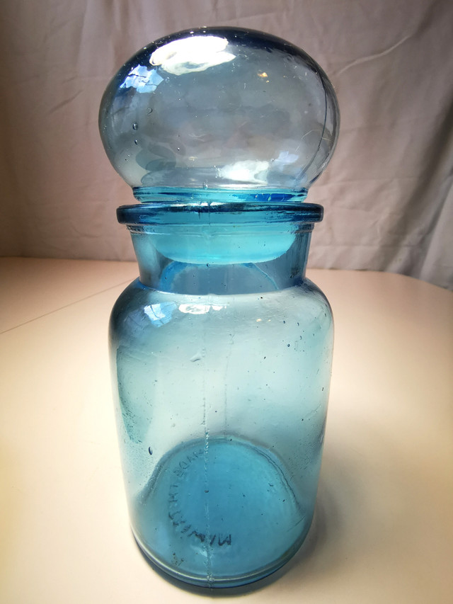 Glass Jar Blue Apothecary Bottle Bubble Top Lid Made in Belgium
