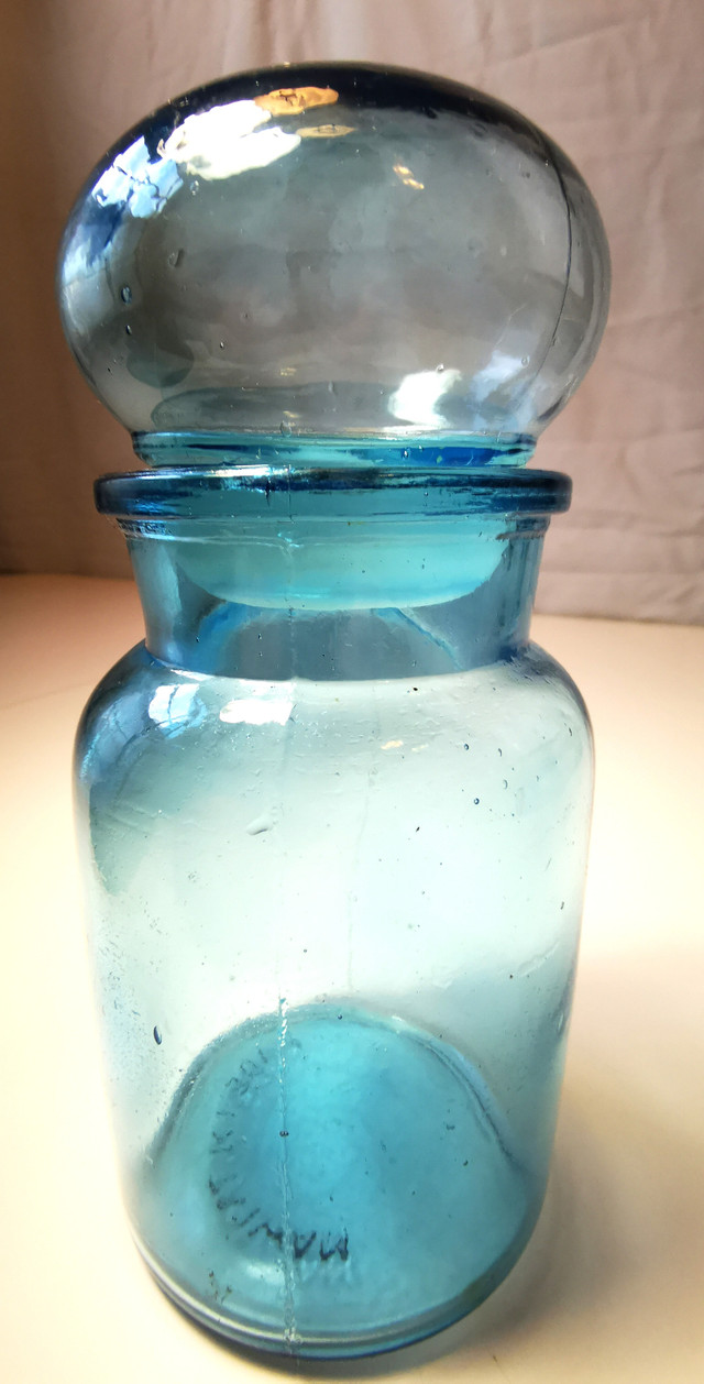 Glass Jar Blue Apothecary Bottle Bubble Top Lid Made in Belgium - photo 3