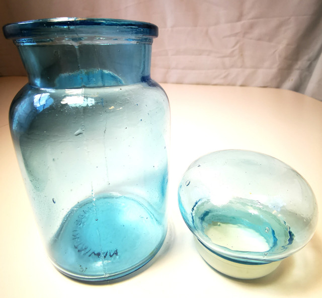 Glass Jar Blue Apothecary Bottle Bubble Top Lid Made in Belgium - photo 4