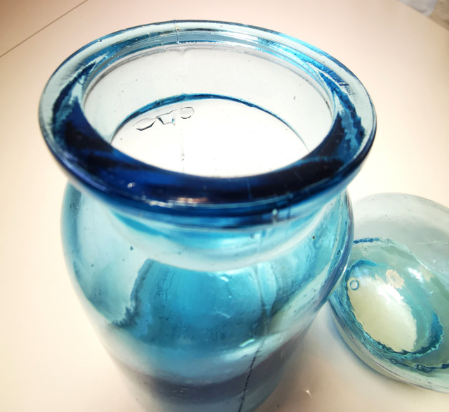 Glass Jar Blue Apothecary Bottle Bubble Top Lid Made in Belgium - photo 5