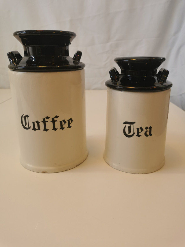 Coffee and Tea "Milk Jug" Cannisters Black and White Vintage 70s
