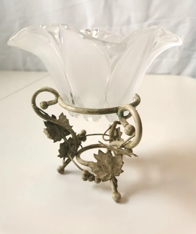 Mid-Century Glass Flower Bowl on Metal Stand thumbnail
