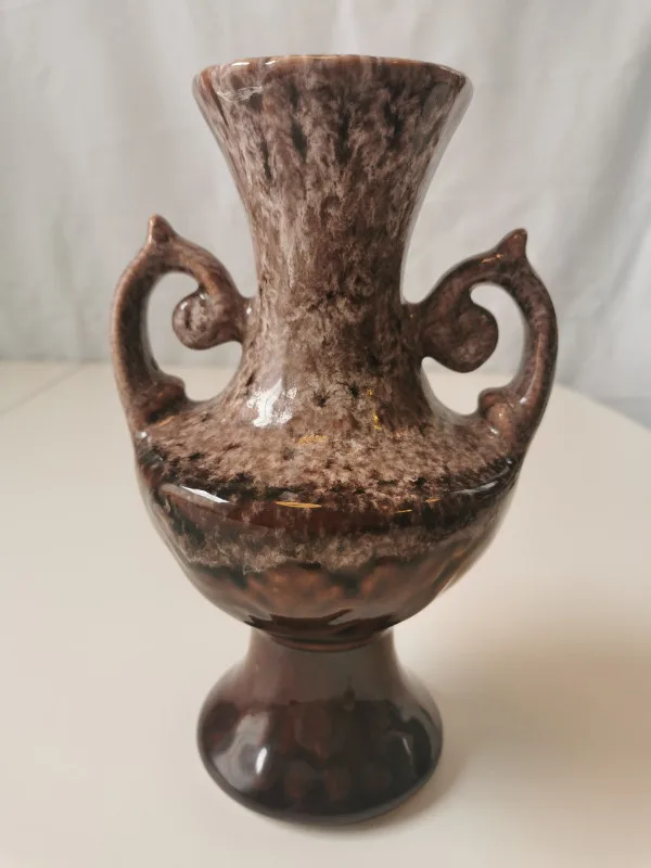 Vase Ceramic Brown Wite Drip Glaze MCM Ornate Double Handle 1960 thumbnail