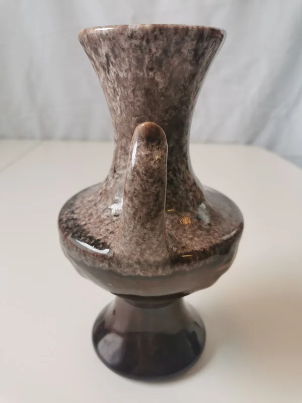 Vase Ceramic Brown Wite Drip Glaze MCM Ornate Double Handle 1960 image indicator(2)