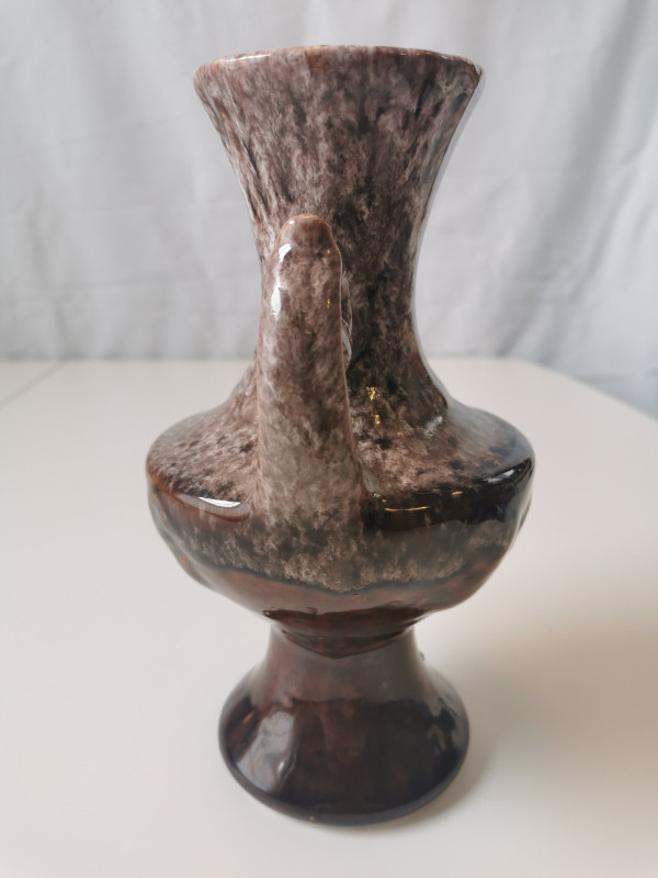 Vase Ceramic Brown Wite Drip Glaze MCM Ornate Double Handle 1960 - photo 3