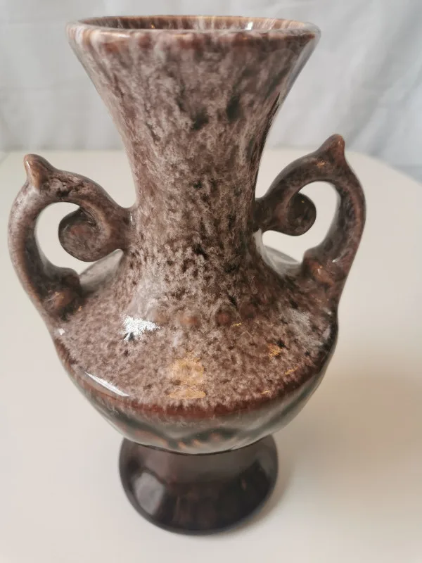 Vase Ceramic Brown Wite Drip Glaze MCM Ornate Double Handle 1960 image indicator(7)