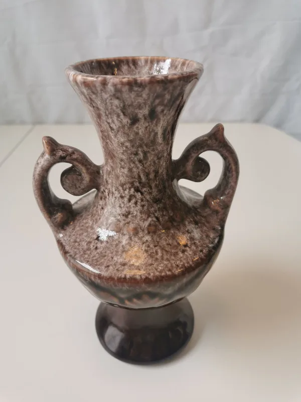 Vase Ceramic Brown Wite Drip Glaze MCM Ornate Double Handle 1960 image indicator(8)