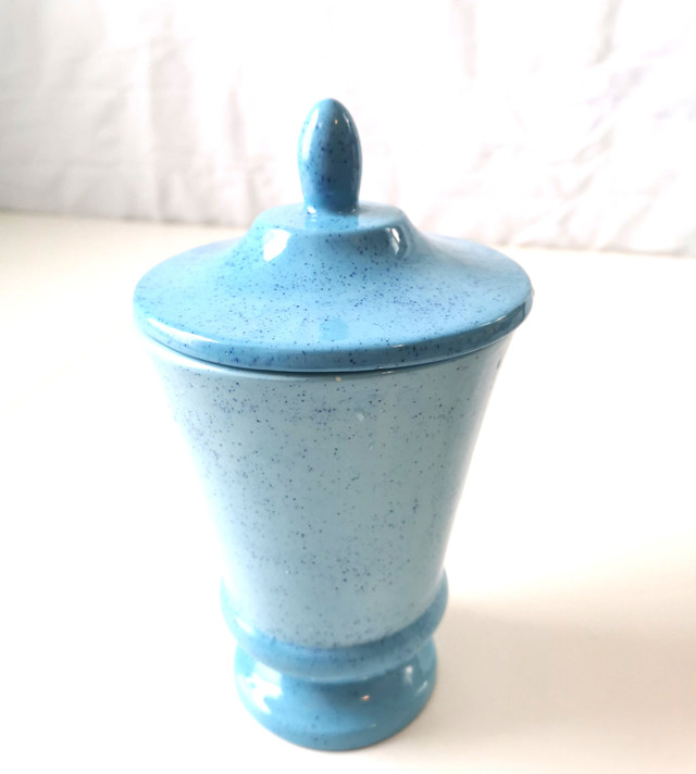 Blue Speckled Ceramic Lidded Urn Jar Canister Retro 1970s