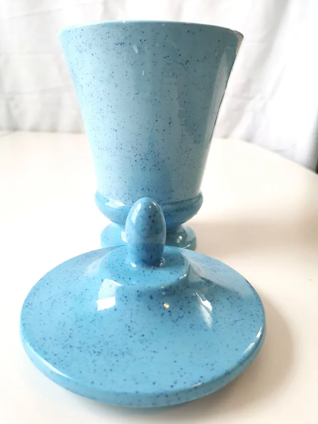 Blue Speckled Ceramic Lidded Urn Jar Canister Retro 1970s image indicator(2)