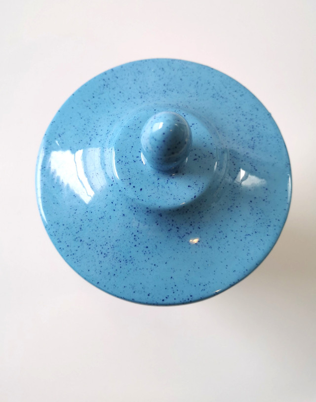 Blue Speckled Ceramic Lidded Urn Jar Canister Retro 1970s - photo 3
