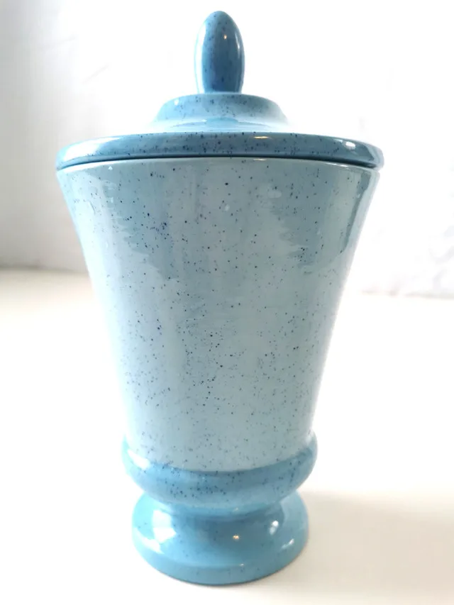 Blue Speckled Ceramic Lidded Urn Jar Canister Retro 1970s image indicator(6)