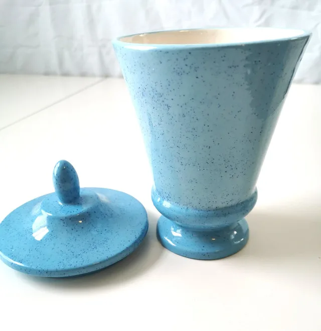 Blue Speckled Ceramic Lidded Urn Jar Canister Retro 1970s image indicator(9)