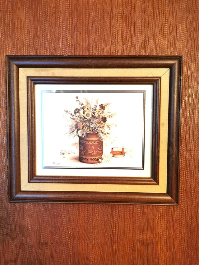 Vintage Signed Trinité Framed Dried Floral Print Country Farmhou thumbnail
