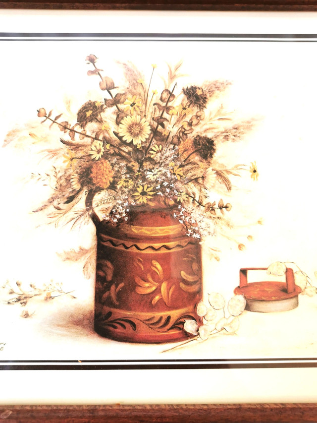 Vintage Signed Trinité Framed Dried Floral Print Country Farmhou