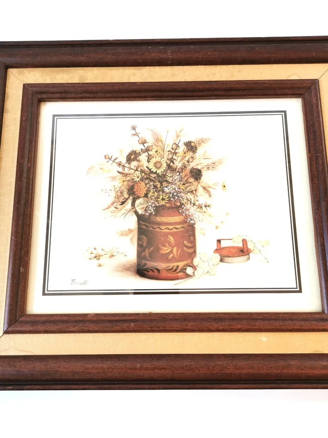 Vintage Signed Trinité Framed Dried Floral Print Country Farmhou image indicator(5)