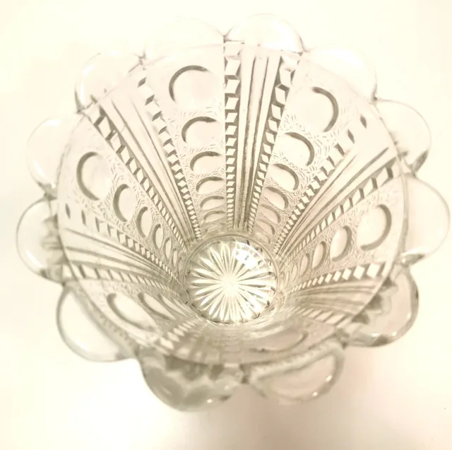 Vintage 1940s Glass Zipper & Button Pattern Vase Clear Pressed G thumbnail