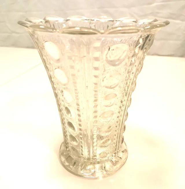 Vintage 1940s Glass Zipper & Button Pattern Vase Clear Pressed G image indicator(2)
