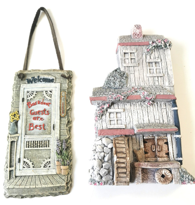 Folk Art Ceramic Pair Water Mill House Welcome Sign 80s
