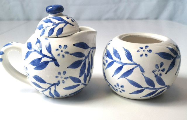 Creamer and Sugar Bowl Hand Painted Botanical Blue
