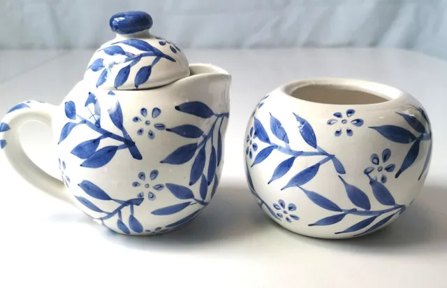Creamer and Sugar Bowl Hand Painted Botanical Blue thumbnail