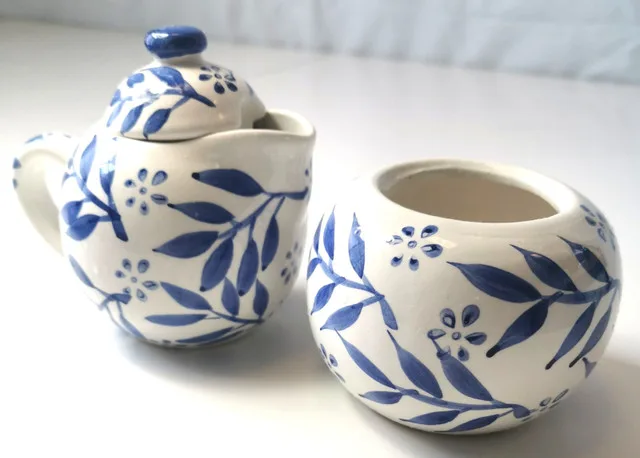 Creamer and Sugar Bowl Hand Painted Botanical Blue image indicator(2)