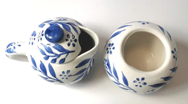 Creamer and Sugar Bowl Hand Painted Botanical Blue image indicator(3)