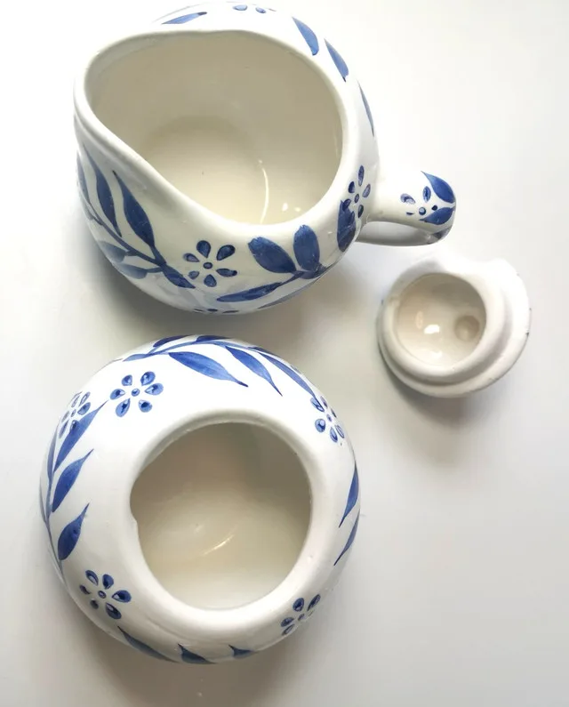 Creamer and Sugar Bowl Hand Painted Botanical Blue image indicator(5)